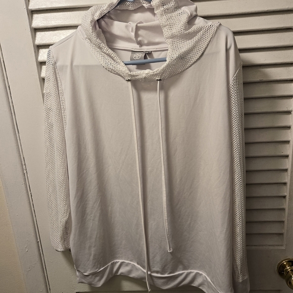 Daisy Fuentes White Hooded Long Sleeve Top with Mesh Arm Details - Picture 2 of 11